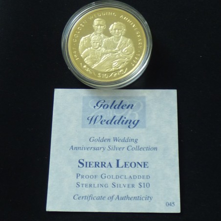 Sierra Leone 10$ 1997 Noces d'Or Famille Royale PROOF en argent 92.5% (28.3 g) doré