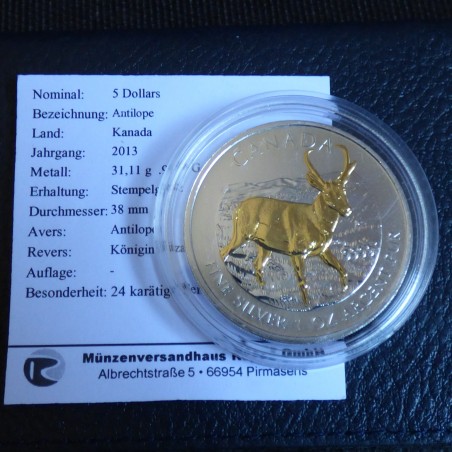Canada 5$ Vie Sauvage Antilope 2013 doré en argent 99.99% 1 oz