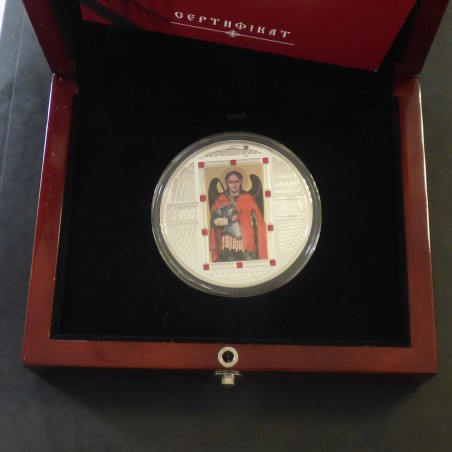 Fiji 5$ 2012 Archangel Michael Orthodox colored silver 99.9% with 10 red gemstones 2 oz