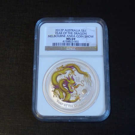 Australie 1$ Lunar 2 Année du dragon 2012 MS69 coloré en argent 99.9% 1 oz Melbourne Anda Coin Show