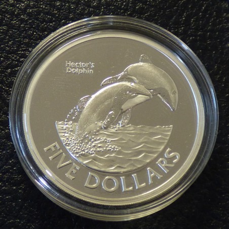 New Zealand 5$ 2002 Dolphins PROOF silver 99.9% (27.2g)+ CoA