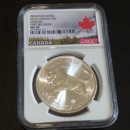 Canada 5$ Predator Cougar 2016 silver 99.99% 1 oz MS69 (NGC) First Releases