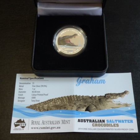 Australie 1$ Crocodile Graham RAM 2014 PROOF coloré argent 99.9% 1 oz (Boite+CoA)