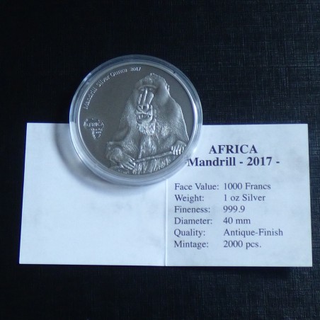 Cameroun 1000 CFA 2017 Mandrill antique finish silver 99.9% 1 oz + CoA