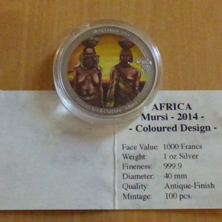 Congo 1000 CFA MURSI 2014 antique finish coloré en argent 99.9% 1 oz+CoA