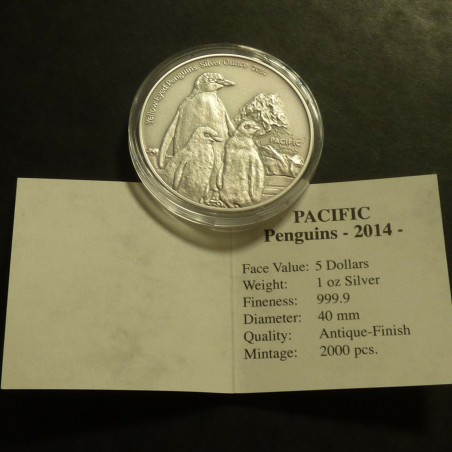 Tokelau 5$ 2014 Penguins antique finish silver 99.9% 1 oz + CoA
