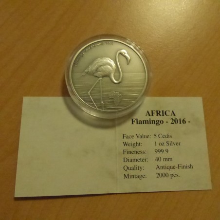 Ghana 5 Cedis 2016 Flamant Rose finition antique argent 99.99% 1 oz + CoA