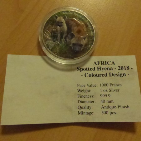 Congo 1000 CFA 2018 Hyene antique finish coloré argent 99.9% 1 oz