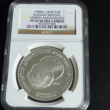 Russia 3 rubles 1988 PF69 Ultra Cameo 1000 anniversary silver 90% (34.5 g)