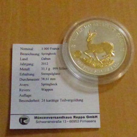 Gabon 1000 CFA Springbok 2012 gilded silver 99.9% 1 oz & CoA