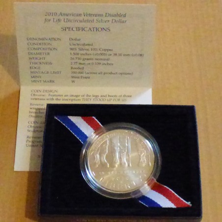 US 1$ 2010-W Veterans Disabled for Life Commemorative Coin silver 90% (26.73 g)+Box+CoA