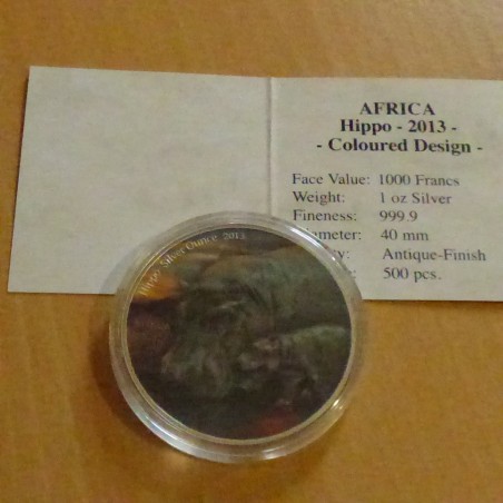 Congo 1000 CFA Hippopotame 2013 coloré antique finish argent 99.9% 1 oz + CoA