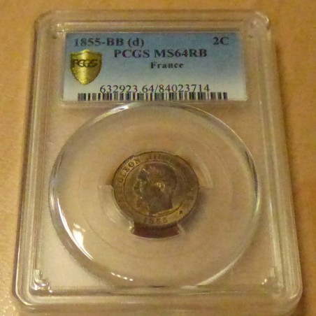 France 2 centimes 1855-BB Chien MS64RB Bronze (TRES RARE) SPL+