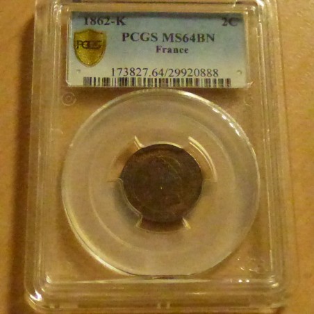 France 2 centimes 1862-K MS64RB Bronze (TRES RARE) SPL+