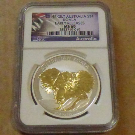 Australia 1$ Koala 2014 gilded MS69 (NGC) silver 99.9% 1 oz