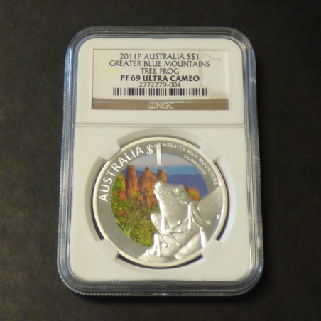 Australia 1$ Greater Blue Mountain Tree Frog 2011 colored PROOF PF69 Ultra Cameo (NGC) silver 99.9% 1 oz