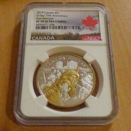 Canada 1$ 2019 Jour-J 75ème anniversaire PROOF PF70 UCAM doré en argent 99.9% (23.17g)
