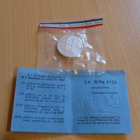 France 10 francs 1982 GAMBETTA Belle Epreuve Piéfort Piedfort argent 92.5% (22.8 g) FDC sous scellé+CoA (RARE)